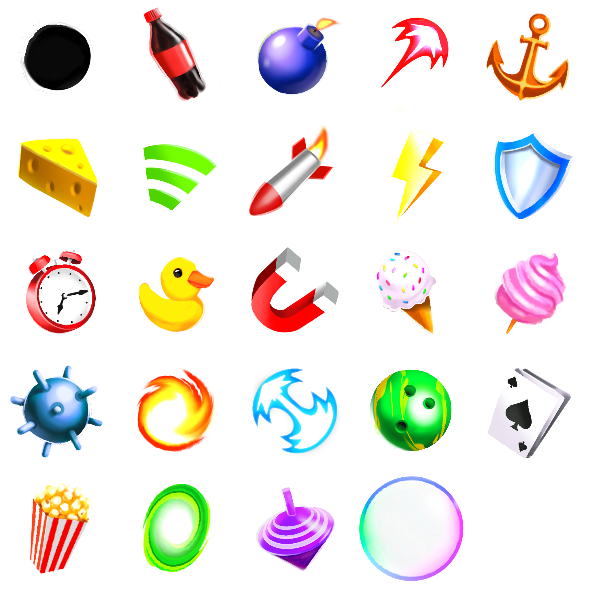 Party Ships — colourful in-game item icons including bombs, lightning, magnets, and power-ups